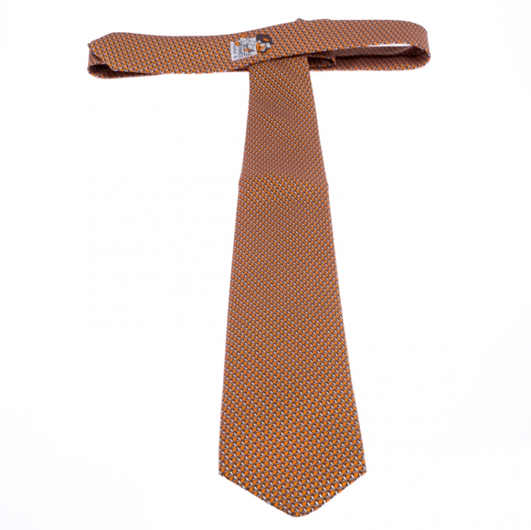 Pre Owned Hermes Orange Chateau De Cartes Printed Classic Silk Tie