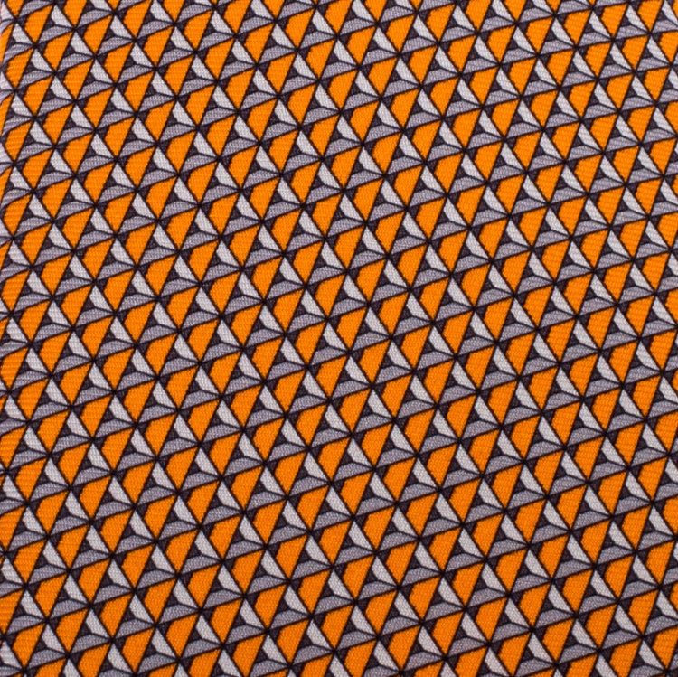 Pre Owned Hermes Orange Chateau De Cartes Printed Classic Silk Tie