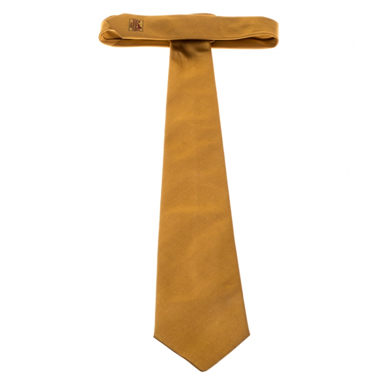 Pre Owned Hermès Vintage Mustard Yellow Striped Jacquard Silk Tie 