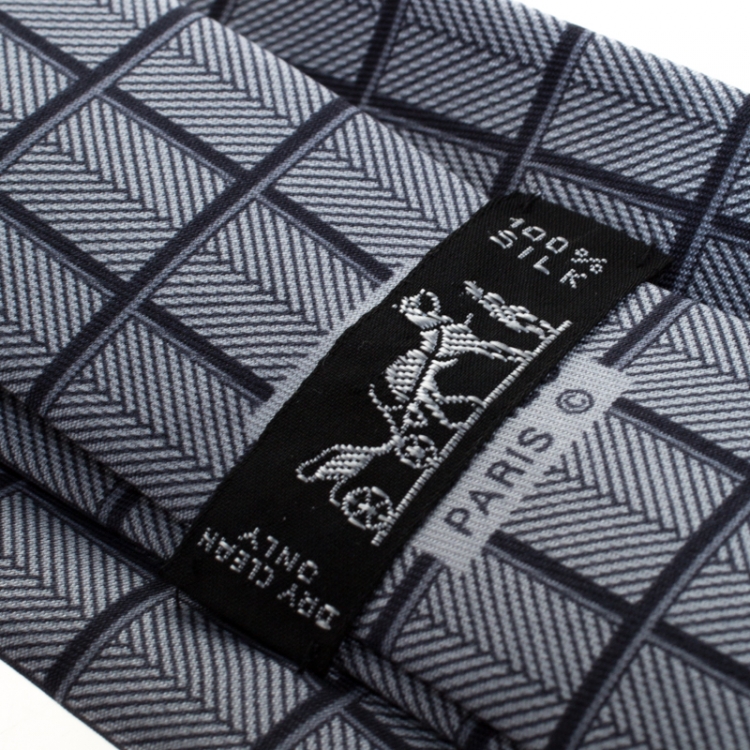 Pre Owned Hermès Vintage Grey Grid Print Silk Twill Tie 