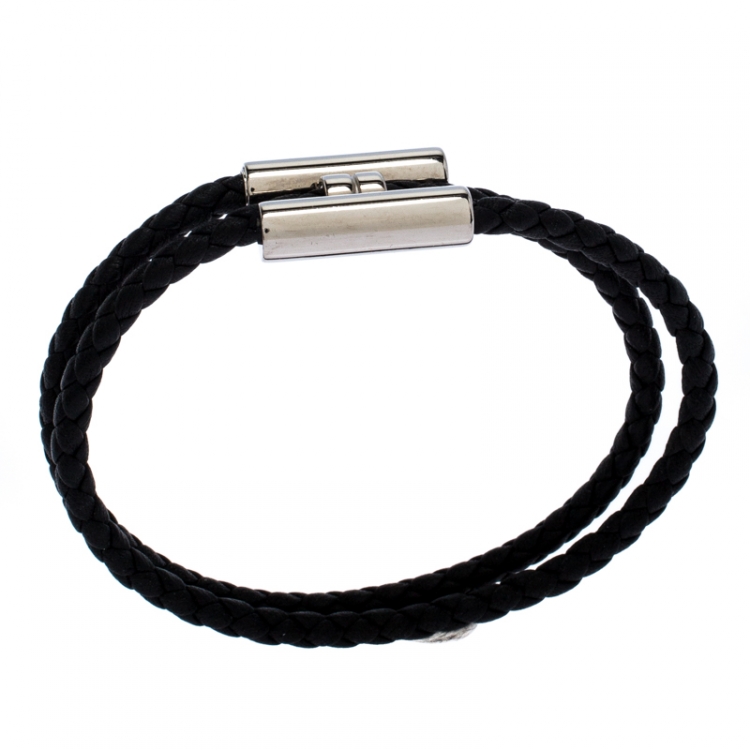 Pre Owned Hermès Tournis Tresse Black Leather Palladium Plated Bracelet