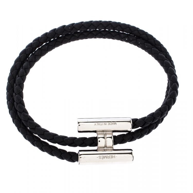 Pre Owned Hermes Tournis Tresse Noir Leather Palladium Plated Adjustable Bracelet