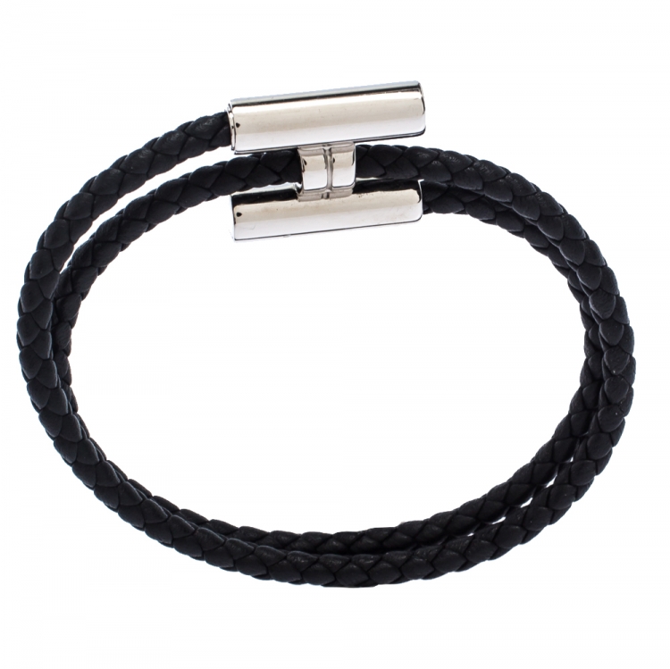Pre Owned Hermes Tournis Tresse Noir Leather Palladium Plated Adjustable Bracelet