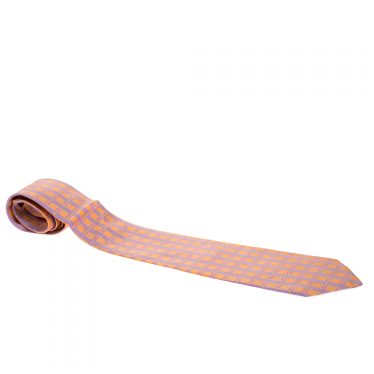 Pre Owned Hermes Orange & Purple H Patterned Jacquard Traditional Silk Tie