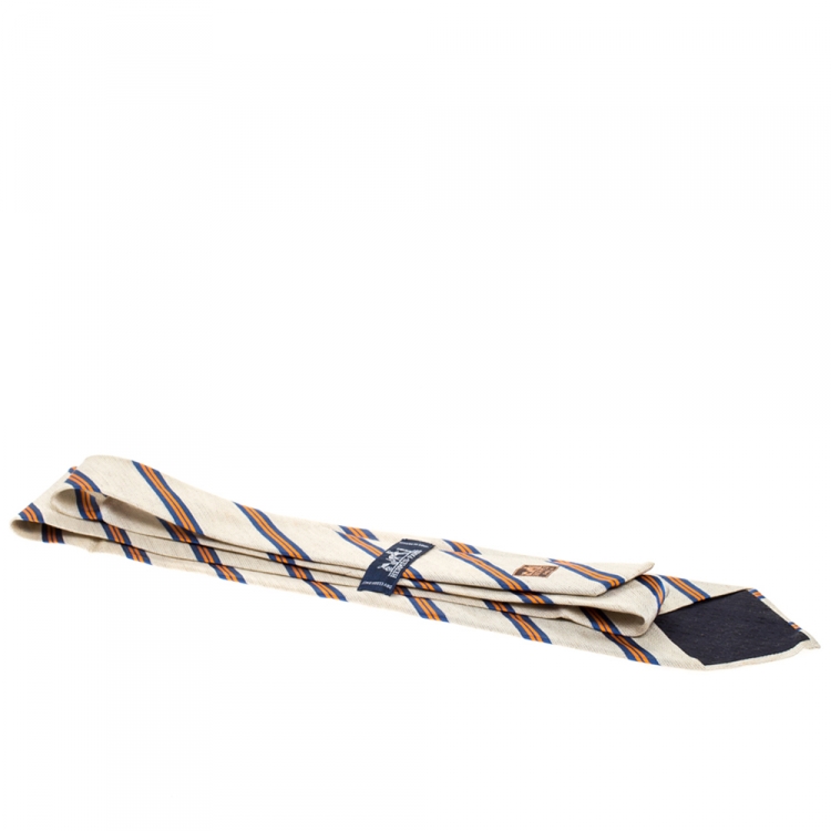 Pre Owned Hermès Cream Diagonal Striped Silk and Linen Tie