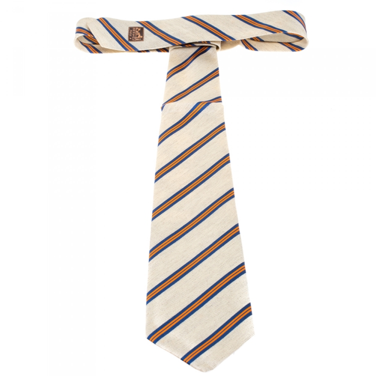 Pre Owned Hermès Cream Diagonal Striped Silk and Linen Tie