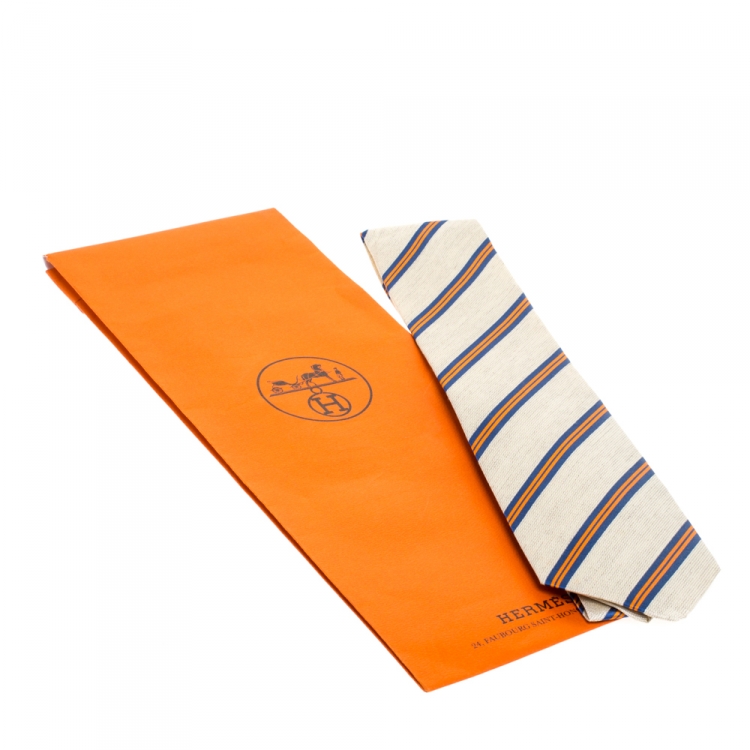 Pre Owned Hermès Cream Diagonal Striped Silk and Linen Tie