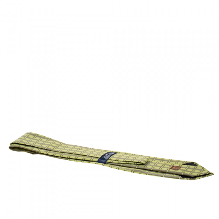 Pre Owned Hermes Green H Patterned Jacquard Traditional Silk Tie