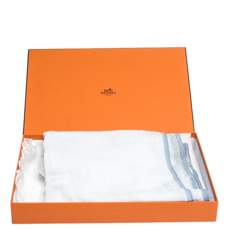Pre Owned Hermes Pale Blue Herringbone Cotton Scarf