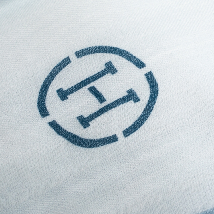 Pre Owned Hermes Pale Blue Herringbone Cotton Scarf