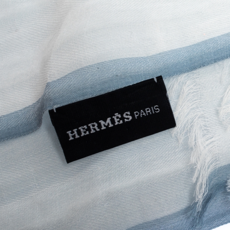 Pre Owned Hermes Pale Blue Herringbone Cotton Scarf