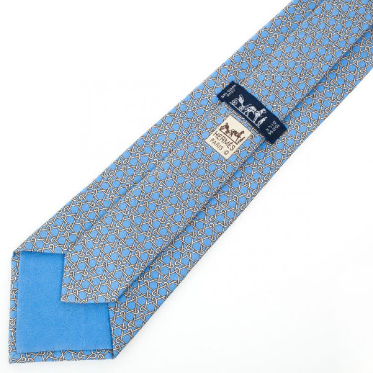Pre Owned Hermes Light Blue Triangle Chain Silk Tie