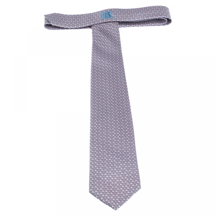 Pre Owned Hermes Pink & Blue Geometric Print Silk Tie 