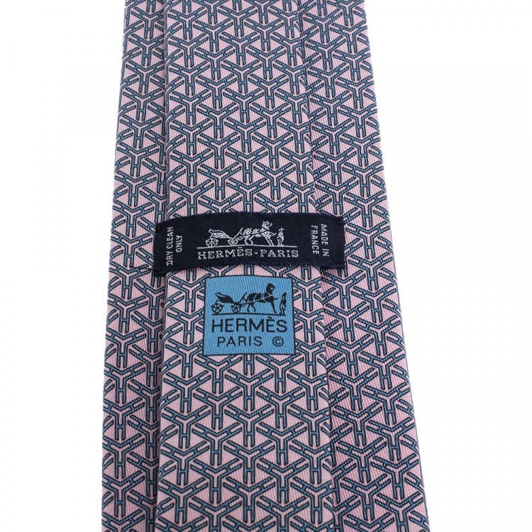 Pre Owned Hermes Pink & Blue Geometric Print Silk Tie 