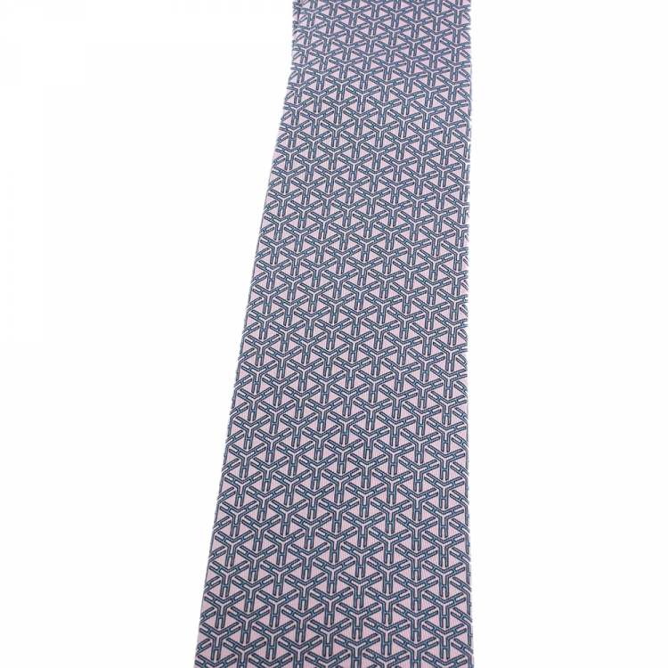 Pre Owned Hermes Pink & Blue Geometric Print Silk Tie 