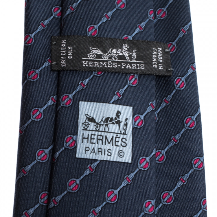 Pre Owned Hermes Anchor Grey Diagonal Horsebit Print Silk Tie 