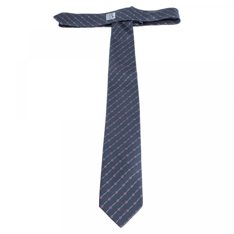 Pre Owned Hermes Anchor Grey Diagonal Horsebit Print Silk Tie 