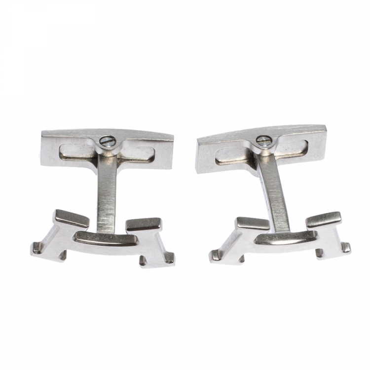 Pre Owned Hermes Smiley H Brushed Palladium Plated Cufflinks