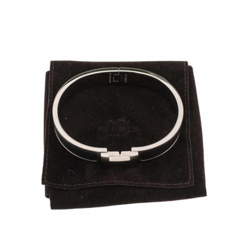 Pre Owned Hermes Clic HH Noir Matte Enamel Palladium Plated Bracelet