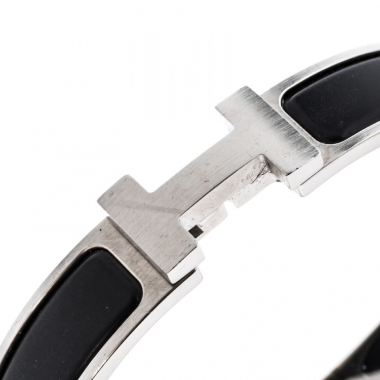 Pre Owned Hermes Clic HH Noir Matte Enamel Palladium Plated Bracelet