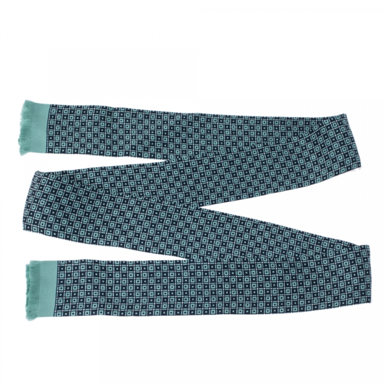 Pre Owned Hermes Navy & Teal Geometric Print Silk Fringed Ascot