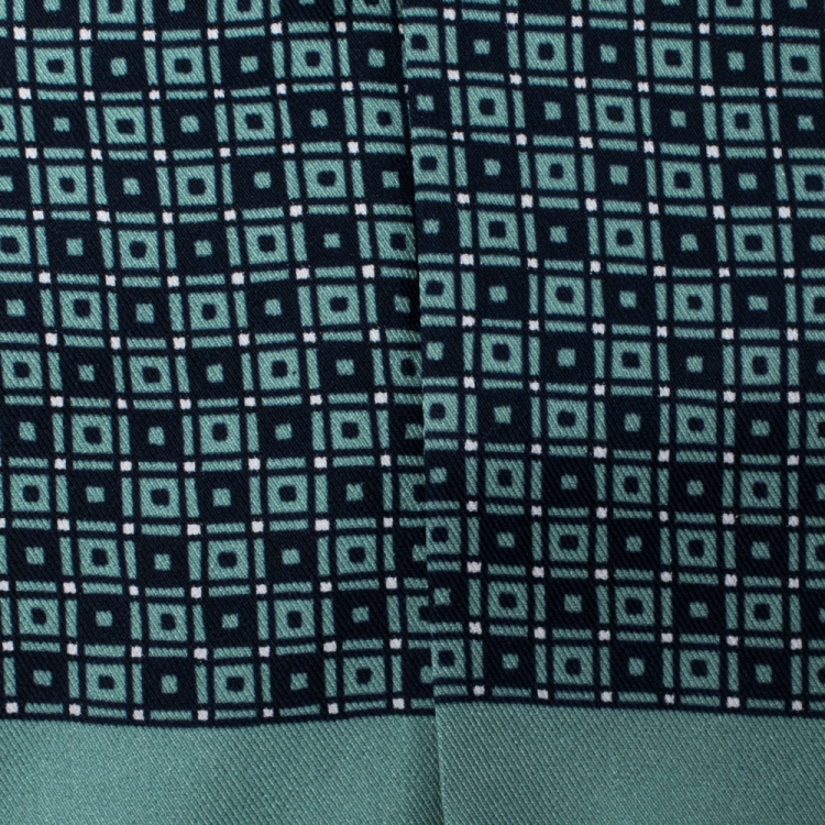Pre Owned Hermes Navy & Teal Geometric Print Silk Fringed Ascot
