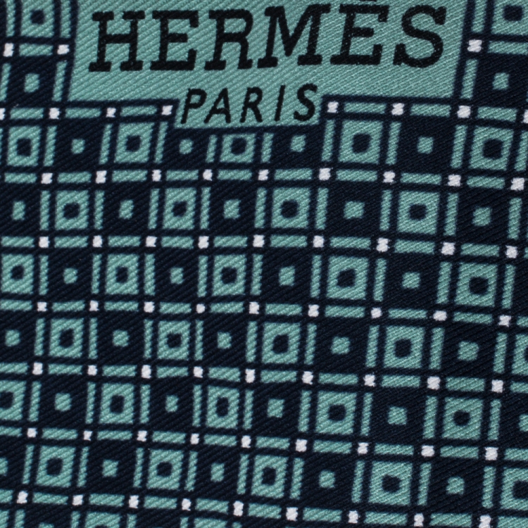 Pre Owned Hermes Navy & Teal Geometric Print Silk Fringed Ascot