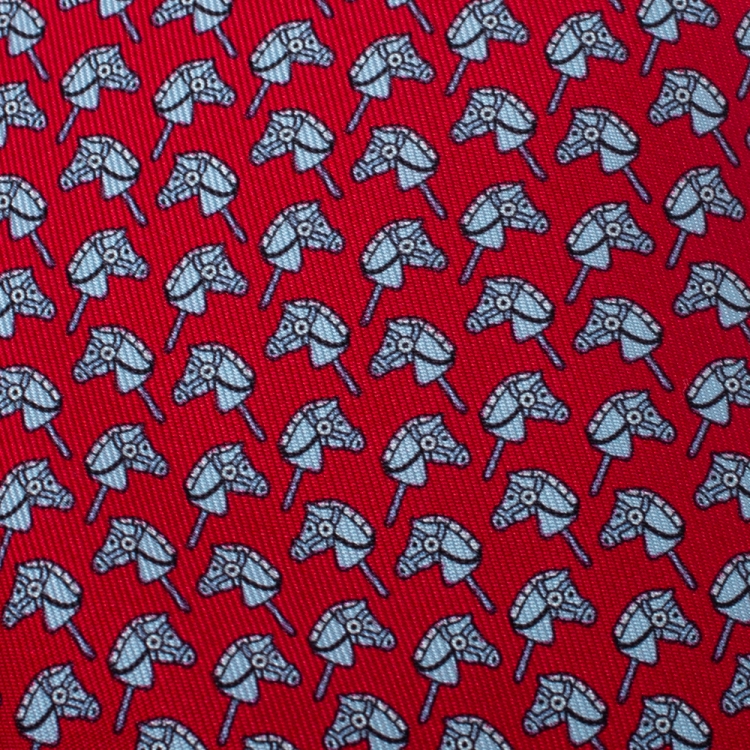 Pre Owned Hermes Red Horse Print Silk Tie