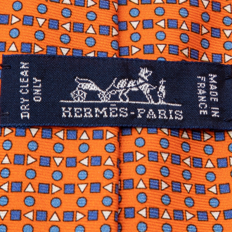 Pre Owned Hermes Orange Geometric Printed Silk Tie