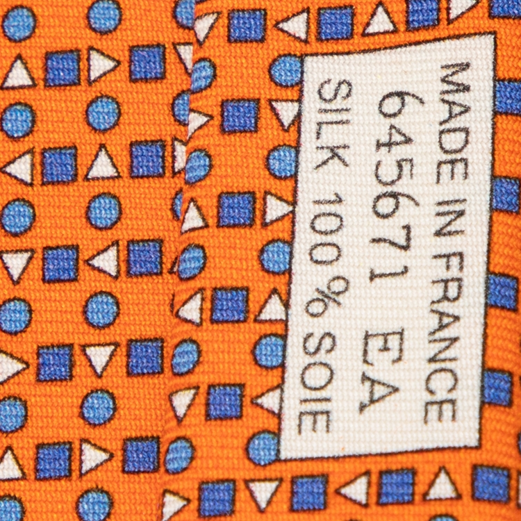 Pre Owned Hermes Orange Geometric Printed Silk Tie