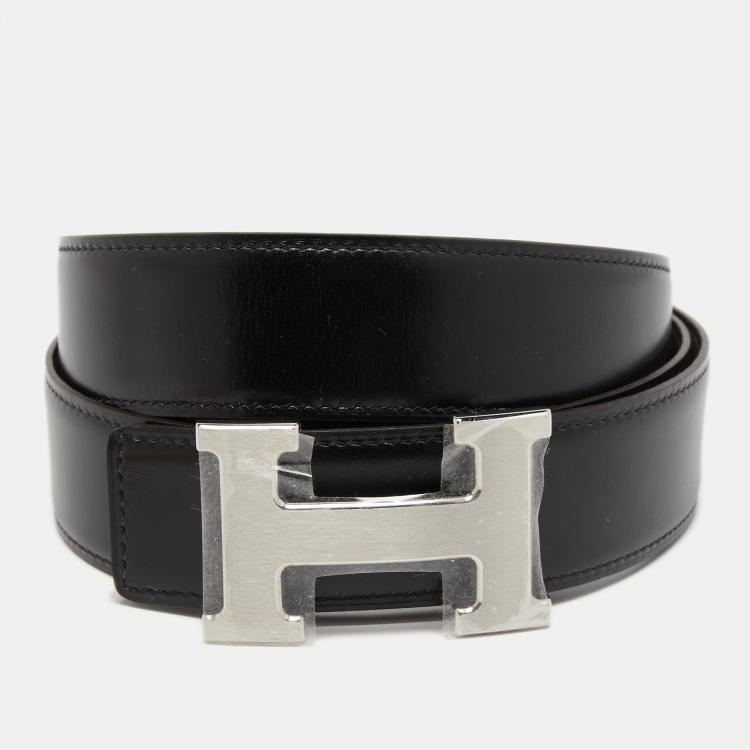 Pre Owned Hermes Black/Chocolat Togo and Box Leather H Buckle Reversible Belt 110CM