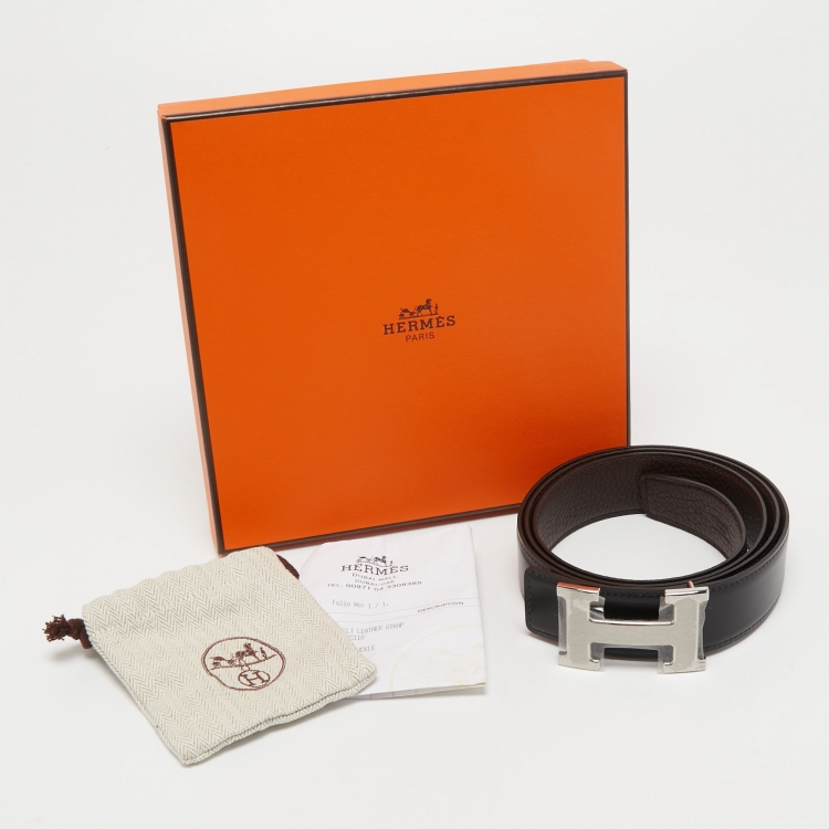 Pre Owned Hermes Black/Chocolat Togo and Box Leather H Buckle Reversible Belt 110CM