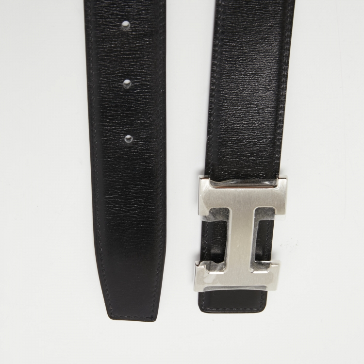 Pre Owned Hermes Black/Chocolat Togo and Box Leather H Buckle Reversible Belt 110CM