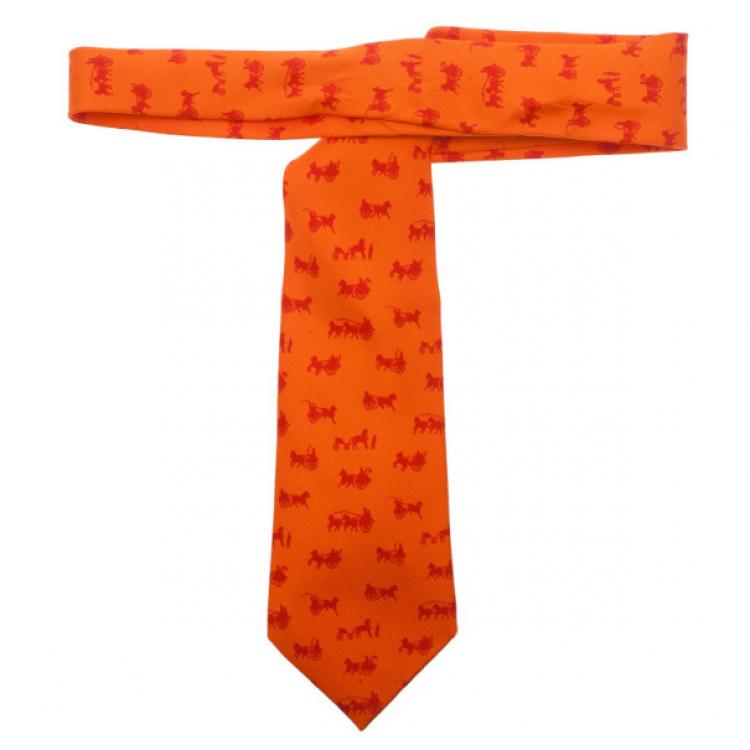 Pre Owned Hermes Orange Signature Horse Logo Print Tie