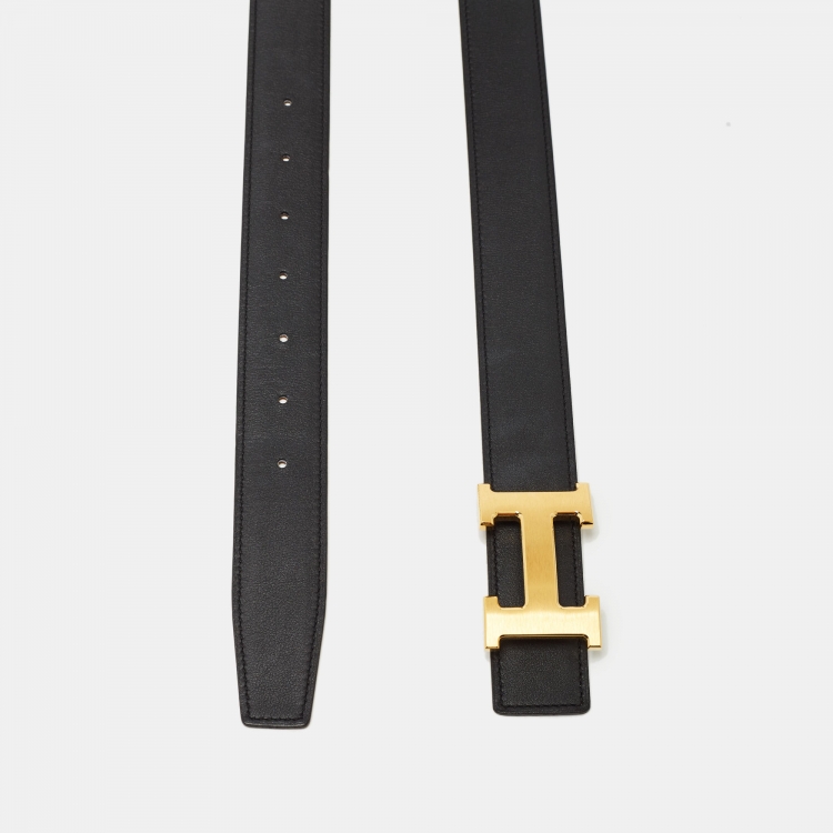 Pre Owned Hermes Noir/Gold Swift and Epsom Leather H Buckle Reversible Belt 85 CM