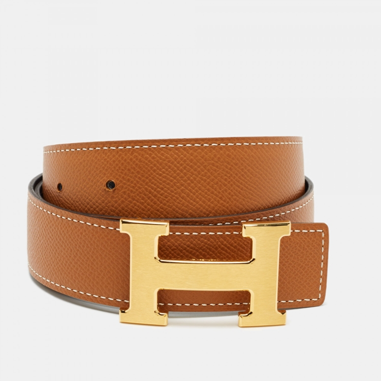 Pre Owned Hermes Noir/Gold Swift and Epsom Leather H Buckle Reversible Belt 85 CM