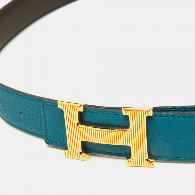Pre Owned Hermes Izmir/Chocolat Togo and Chamonix Leather H Striee Buckle Reversible Belt 100 CM