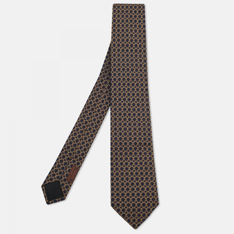Pre Owned Hermes Navy Blue/Gold Jacquard Silk Tie