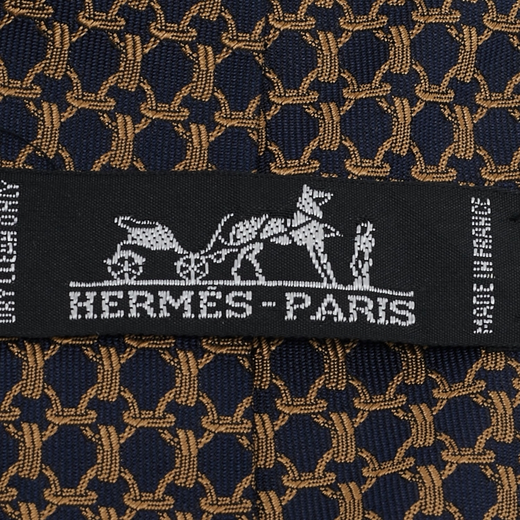Pre Owned Hermes Navy Blue/Gold Jacquard Silk Tie