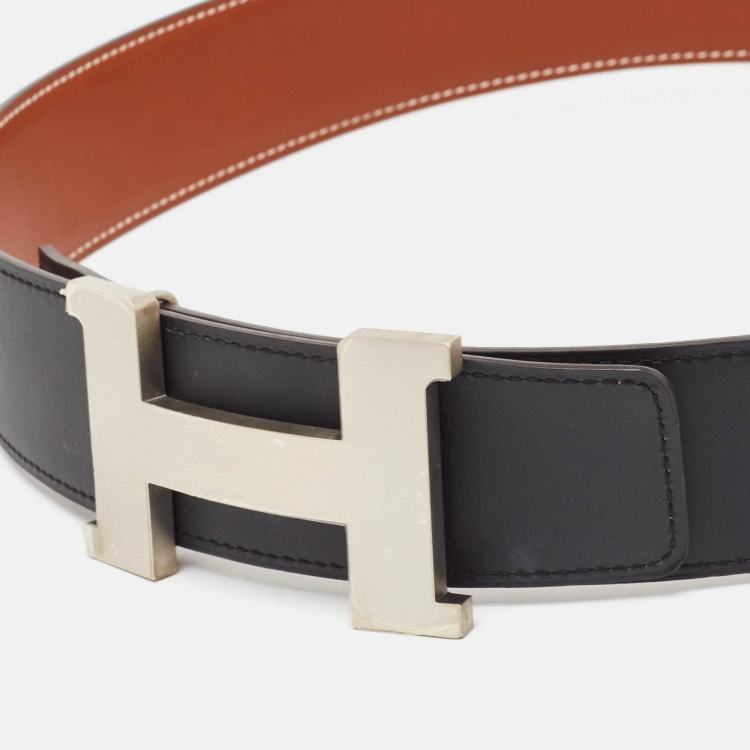 Pre Owned Hermes Black/Gold Swift and Tadelakt Leather Constance Reversible Belt 85CM
