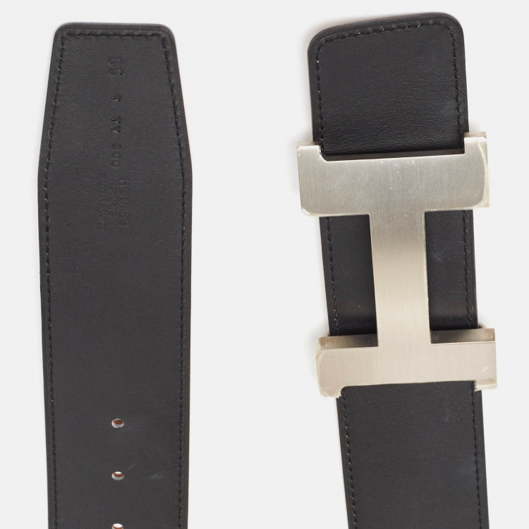 Pre Owned Hermes Black/Gold Swift and Tadelakt Leather Constance Reversible Belt 85CM