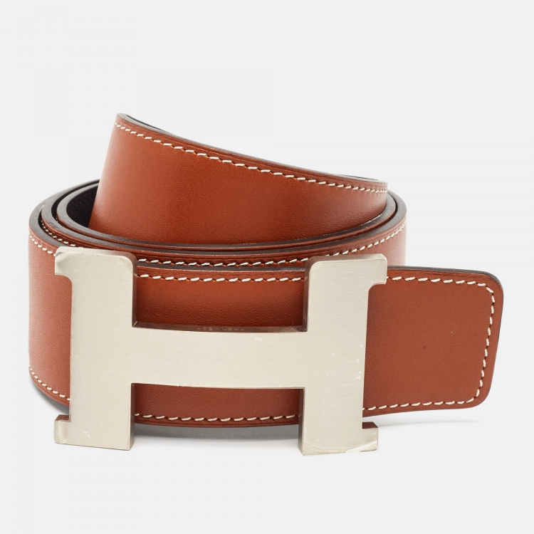 Pre Owned Hermes Black/Gold Swift and Tadelakt Leather Constance Reversible Belt 85CM