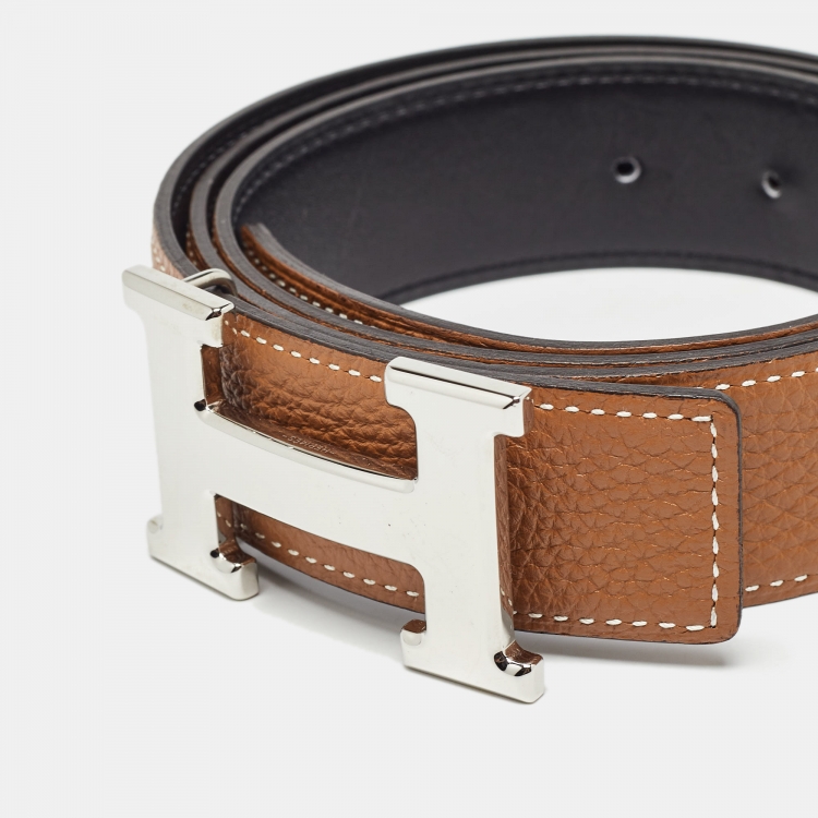 Pre Owned Hermès Gold/Noir Togo and Chamonix Leather H Buckle Reversible Belt 90 CM
