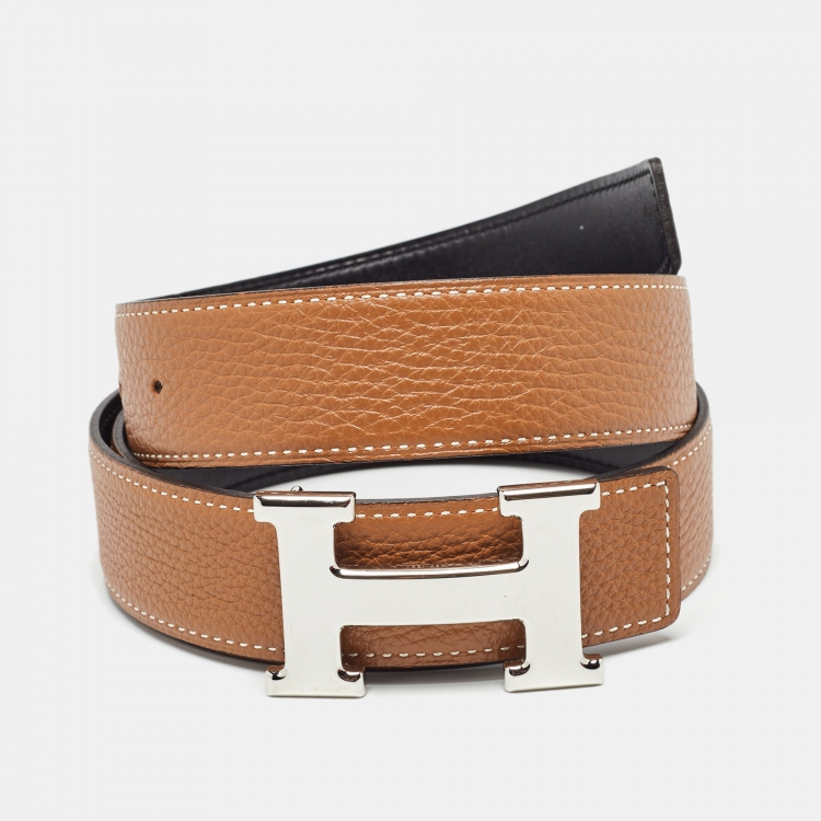 Pre Owned Hermès Gold/Noir Togo and Chamonix Leather H Buckle Reversible Belt 90 CM