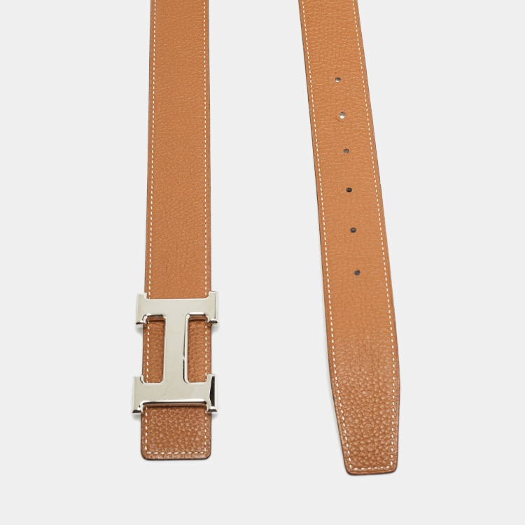 Pre Owned Hermès Gold/Noir Togo and Chamonix Leather H Buckle Reversible Belt 90 CM