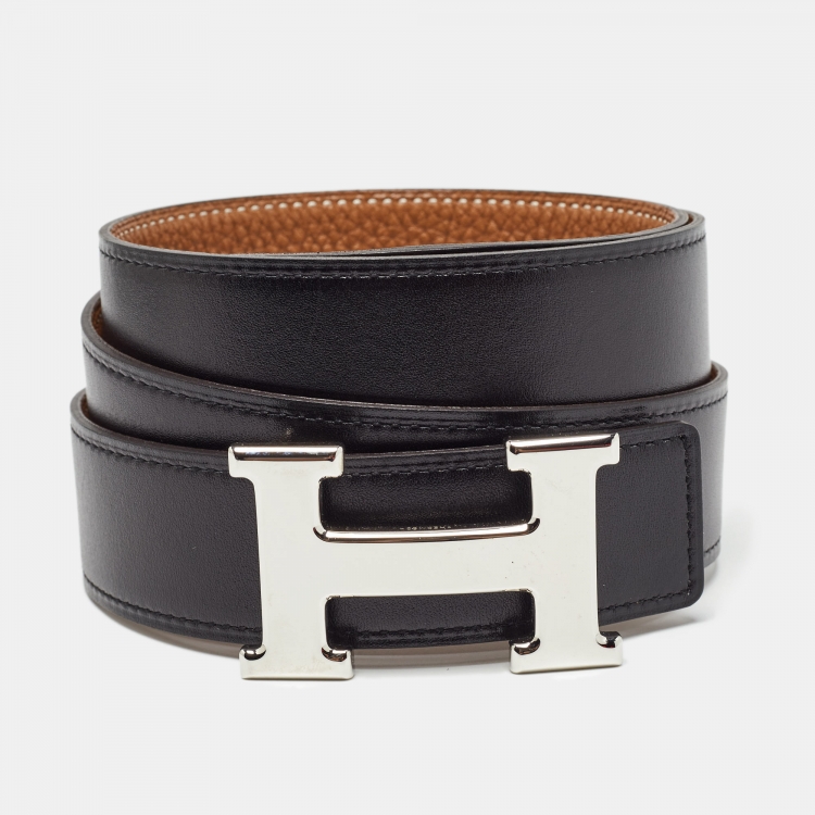 Pre Owned Hermès Gold/Noir Togo and Chamonix Leather H Buckle Reversible Belt 90 CM