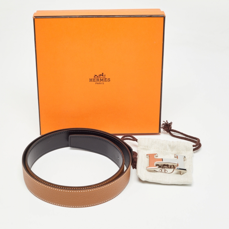Pre Owned Hermès Gold/Noir Togo and Chamonix Leather H Buckle Reversible Belt 90 CM