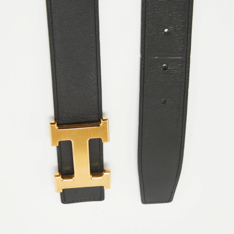 Pre Owned Hermes Black Epsom and Swift Leather H Buckle Belt 95CM