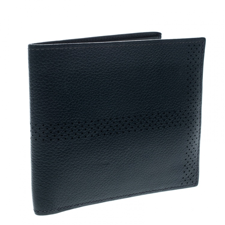 Pre Owned Hermes Blue Orage Leather Perforated Detail Bifold Wallet