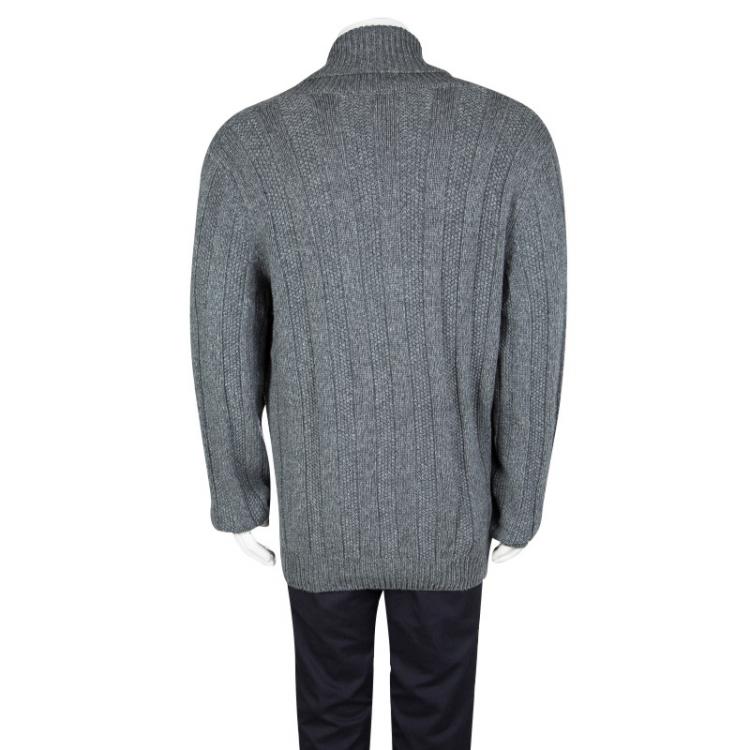 Pre Owned Hermes Grey Cashmere Chunky Knit Shawl Collar Detail Sweater 3XL